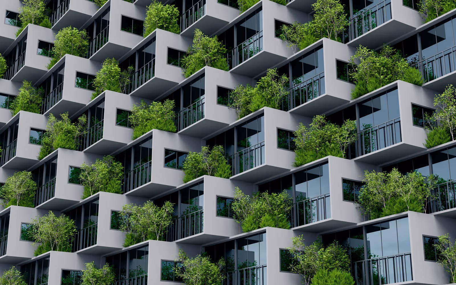 Modern sustainable building with greenery on every balcony